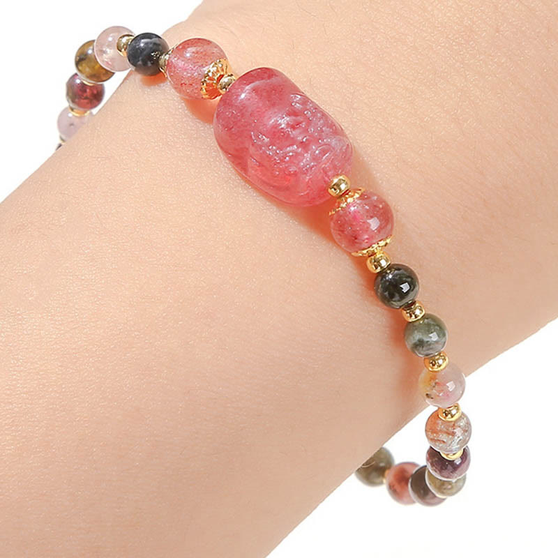 Pulsera curativa PiXiu de piedras de Buda, piedra lunar, cuarzo fresa y turmalina 