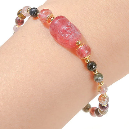 Pulsera curativa PiXiu de piedras de Buda, piedra lunar, cuarzo fresa y turmalina 