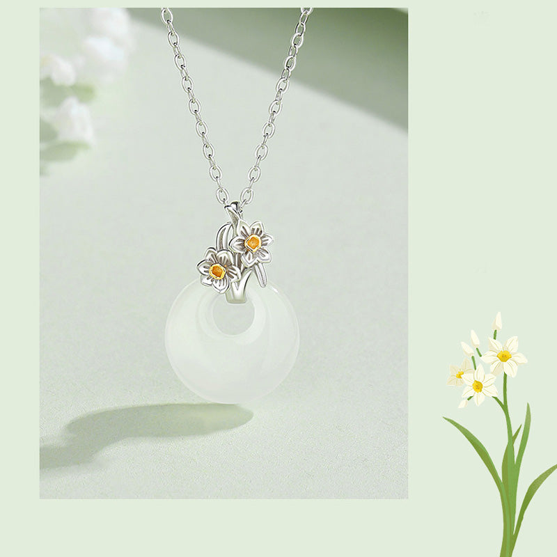 Collar con colgante de flor de armonía de doce meses de calcedonia redonda de plata de ley 925 con piedras de Buda 