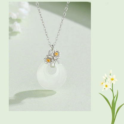 Collar con colgante de flor de armonía de doce meses de calcedonia redonda de plata de ley 925 con piedras de Buda 