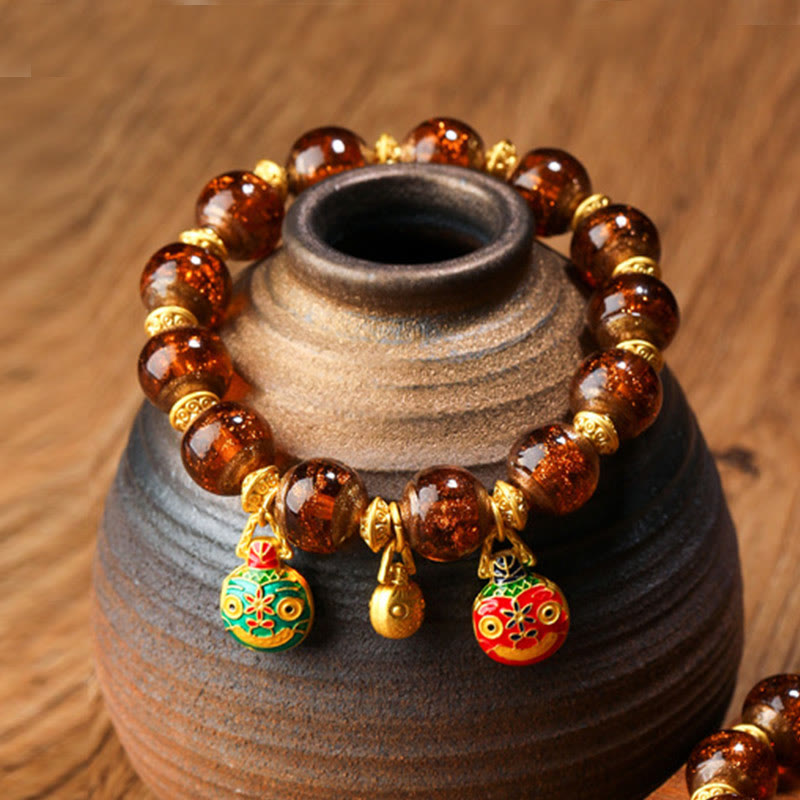 Buddha Stones Gold Swallowing Beast Family Charm Liuli Glass Bead Fortune Bracelet - Touch Bling