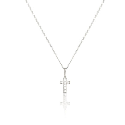 Solid White Gold Genuine Diamond Tiny Cross Necklace
