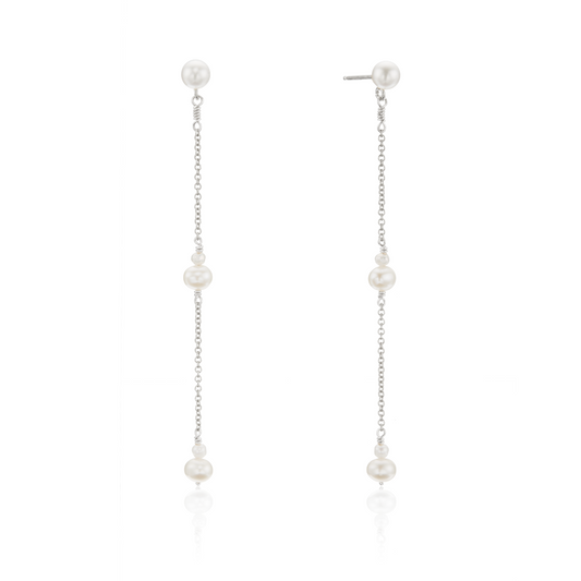 Silver Three Pearl Drop Earrings