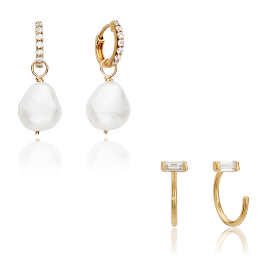 Geschenkset mit goldenen Perlentropfen-Huggies und Ohrläppchen-Ohrringen im Diamant-Stil