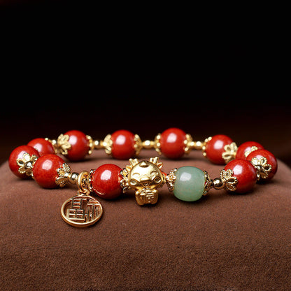 Buddha Stones Year of the Dragon Natural Cinnabar Fu Character Charm Blessing Bracelet