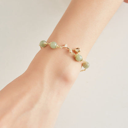Buddha Stones 14K Gold Plated Hetian Jade Golden Rose Flower Luck Chain Bracelet
