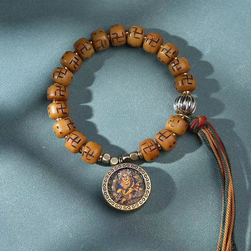 Buddha-Steine, natürliches tibetisches Kamelknochen-Hakenkreuz-Dzi-Perlen-Shankha-Buddha-Charm, Kirtimukha-Glücksschutz-Quastenarmband