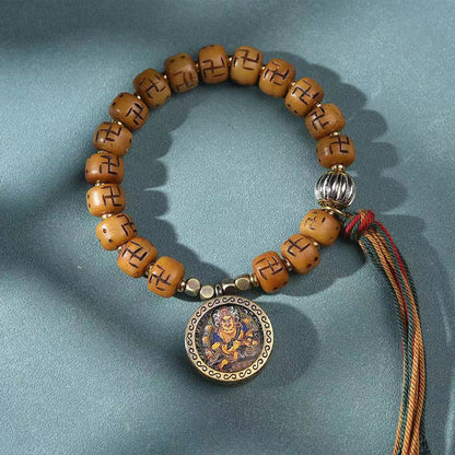 Buddha-Steine, natürliches tibetisches Kamelknochen-Hakenkreuz-Dzi-Perlen-Shankha-Buddha-Charm, Kirtimukha-Glücksschutz-Quastenarmband