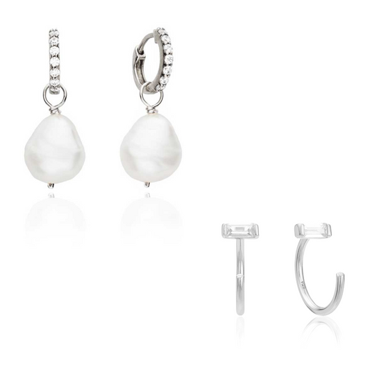 Geschenkset mit silbernen Perlentropfen-Huggies und Ohrläppchen-Ohrringen im Diamant-Stil