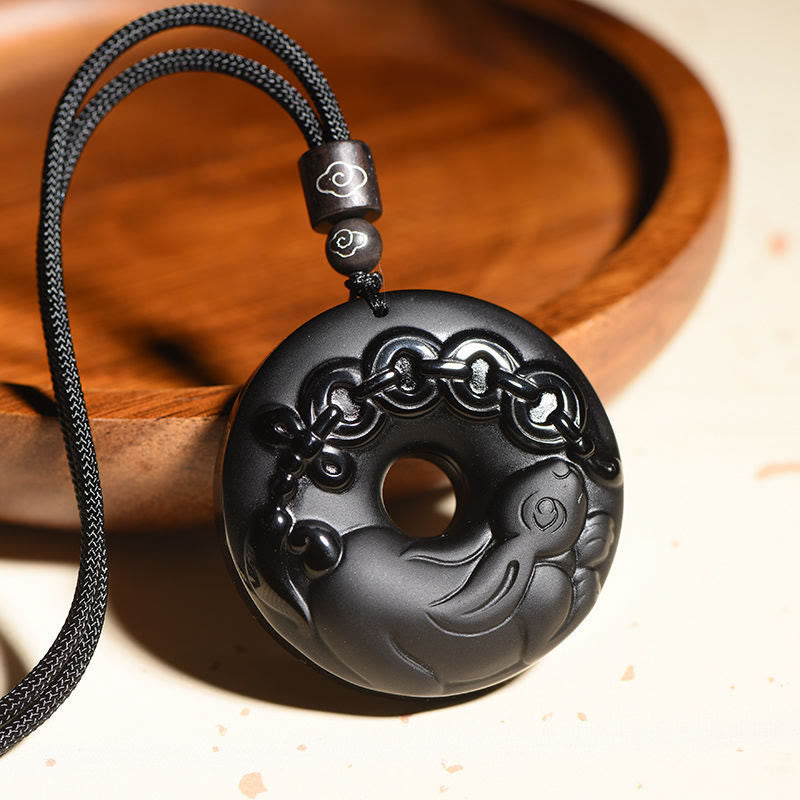 Collar con colgante de obsidiana negra natural con piedras de Buda y hebilla de fuerza del zodiaco chino