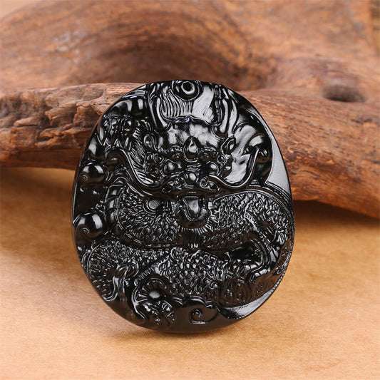 Buddha Stones Natürlicher schwarzer Obsidian runder Drache geschnitzt Schutz Halskette Anhänger