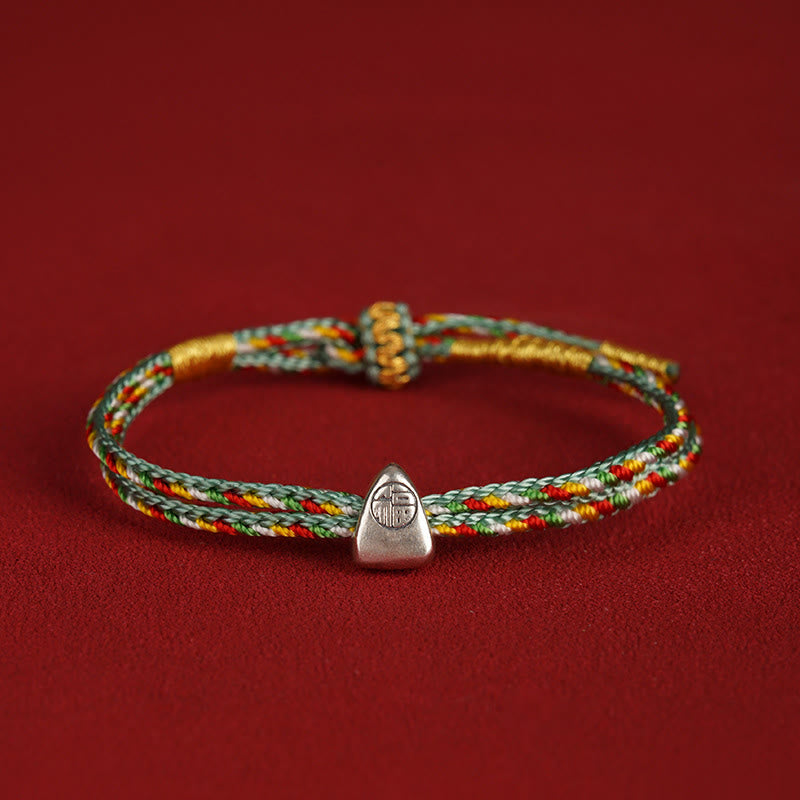 Buddha Stones 925 Sterling Silver Fu Character Luck Multicolored Rope Bracelet