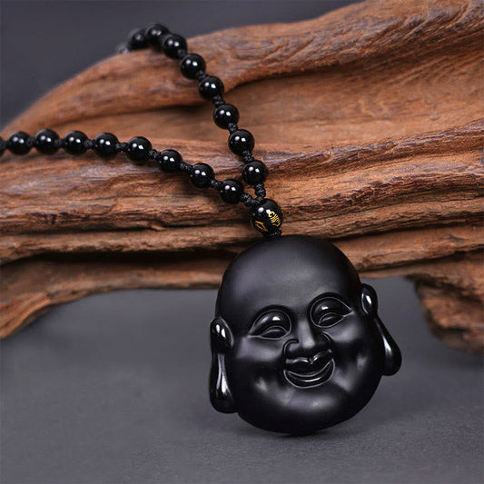 Buddha Stones Halskettenanhänger aus natürlichem schwarzem Obsidian „Laughing Buddha“ zur Reinigung