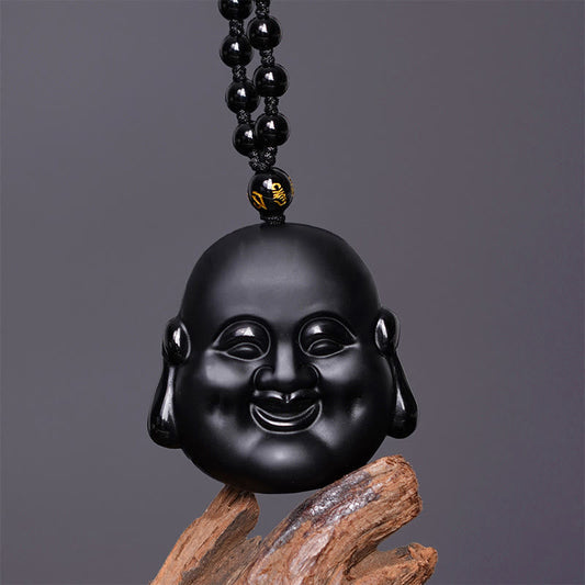 Buddha Stones Halskettenanhänger aus natürlichem schwarzem Obsidian „Laughing Buddha“ zur Reinigung