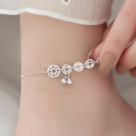 Tobillera de metal con piedras de Buda, monedas de cobre, campanas y protección en plata de ley 925