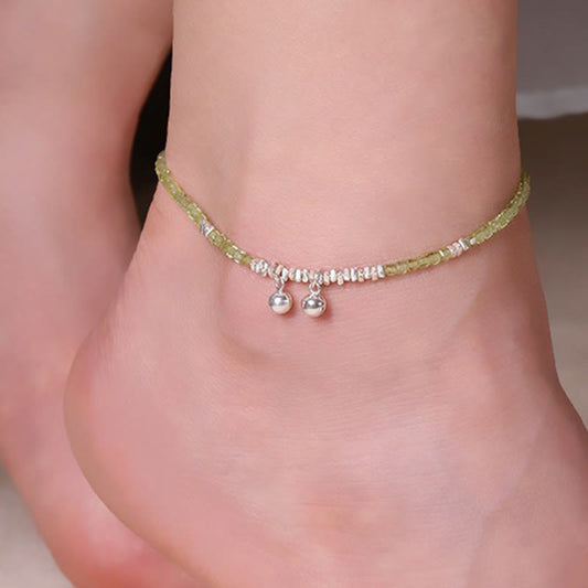 Tobillera de la paz con cuentas cuadradas de peridoto y piedras de Buda en plata de ley 925