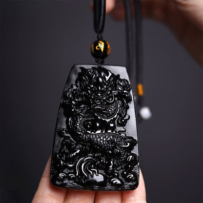 Buddha Stones Black Obsidian Dragon Carved Luck Protection Necklace Pendant