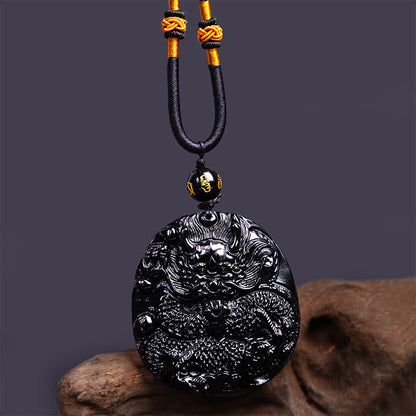 Buddha Stones Natural Black Obsidian Round Dragon Carved Protection Necklace Pendant