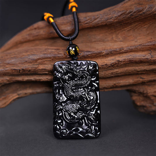 Buddha Stones Halskettenanhänger aus natürlichem schwarzem Obsidian, rechteckig, mit Drachengravur, Erfolg