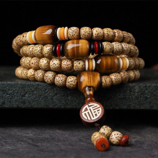 Pulsera de la paz con 108 cuentas de mala de Buda, semilla de Bodhi, ojo de tigre y carácter Fu