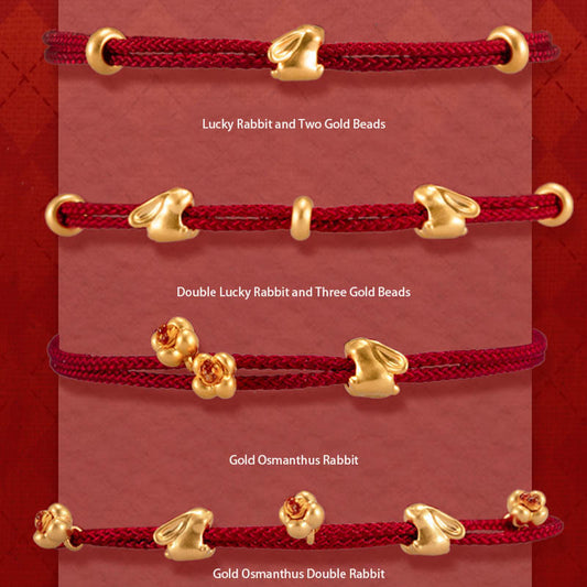 Buddha Stones 999 Gold Small Lucky Rabbit Osmanthus Design Handmade Luck Braided Rope Bracelet