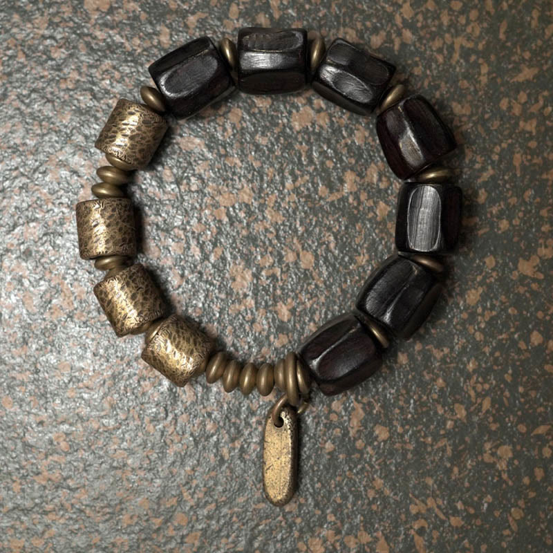 Pulsera de cuentas de cobre y madera de ébano con piedras de Buda de la paz vintage 