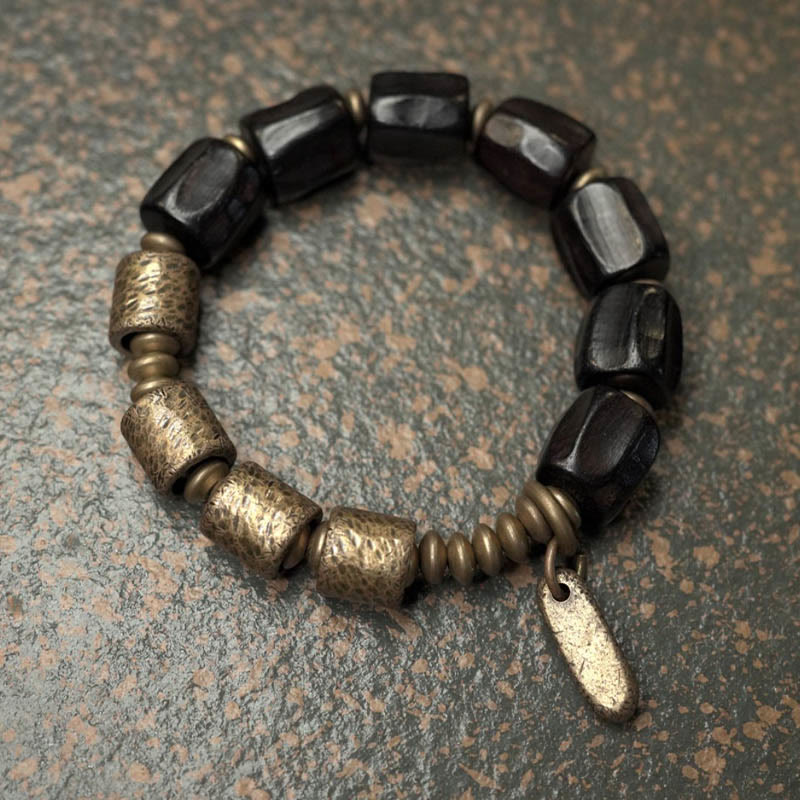 Pulsera de cuentas de cobre y madera de ébano con piedras de Buda de la paz vintage 