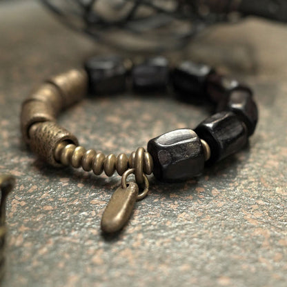 Pulsera de cuentas de cobre y madera de ébano con piedras de Buda de la paz vintage 