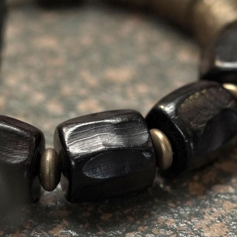 Pulsera de cuentas de cobre y madera de ébano con piedras de Buda de la paz vintage 