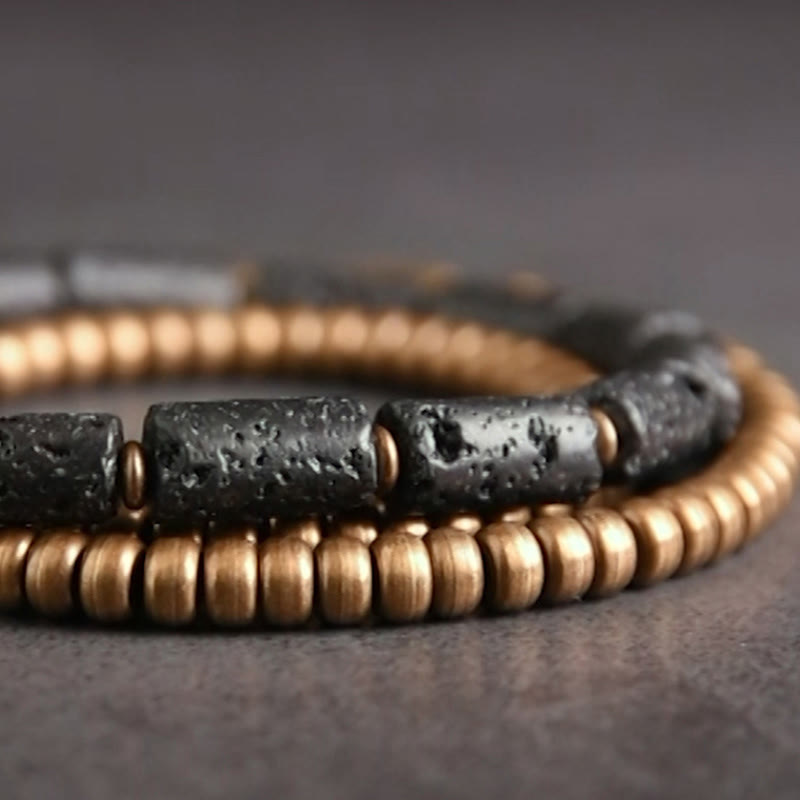 Pulsera multicapa con cuentas de cobre y roca volcánica vintage de Buddha Stones