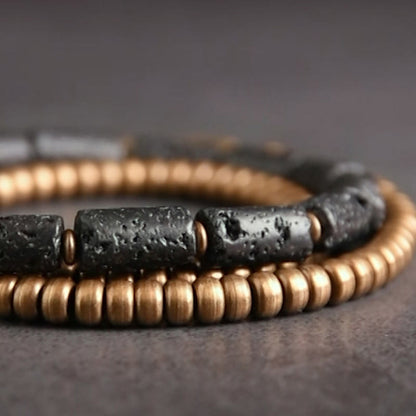 Pulsera multicapa con cuentas de cobre y roca volcánica vintage de Buddha Stones