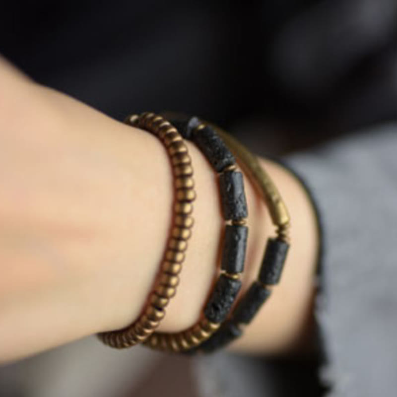 Pulsera multicapa con cuentas de cobre y roca volcánica vintage de Buddha Stones