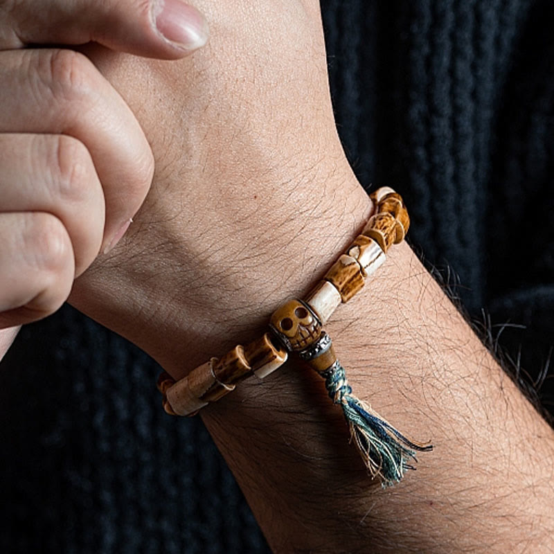 Pulsera de la sabiduría tallada con calavera de hueso de yak y hueso de ciervo tibetano de Buda