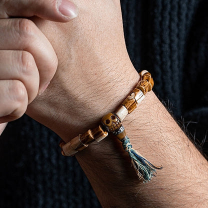 Pulsera de la sabiduría tallada con calavera de hueso de yak y hueso de ciervo tibetano de Buda