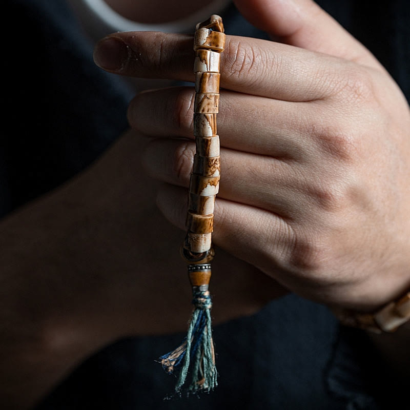Pulsera de la sabiduría tallada con calavera de hueso de yak y hueso de ciervo tibetano de Buda