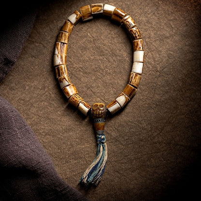 Pulsera de la sabiduría tallada con calavera de hueso de yak y hueso de ciervo tibetano de Buda