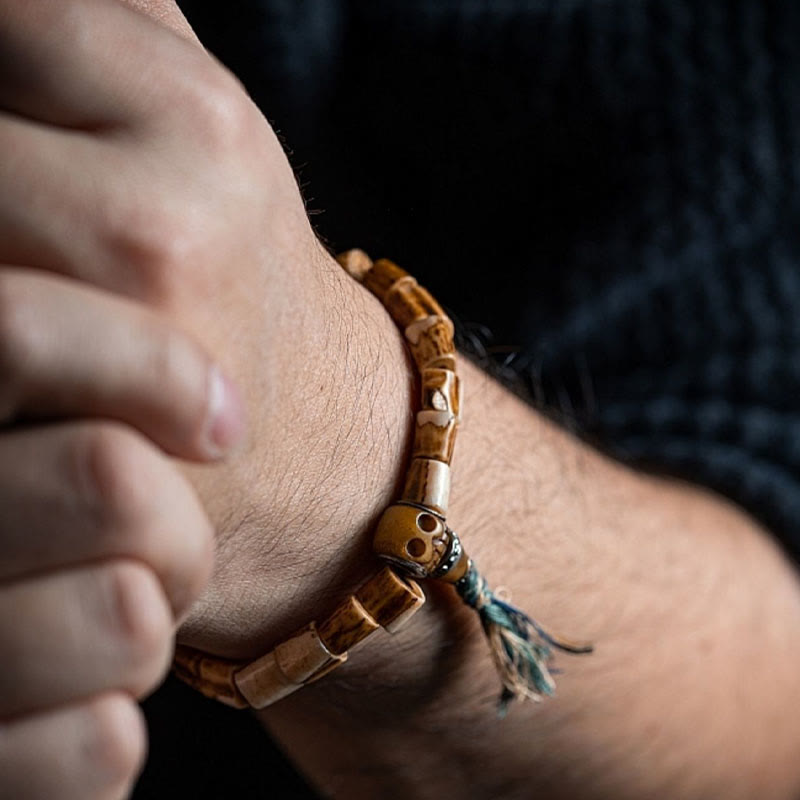 Pulsera de la sabiduría tallada con calavera de hueso de yak y hueso de ciervo tibetano de Buda