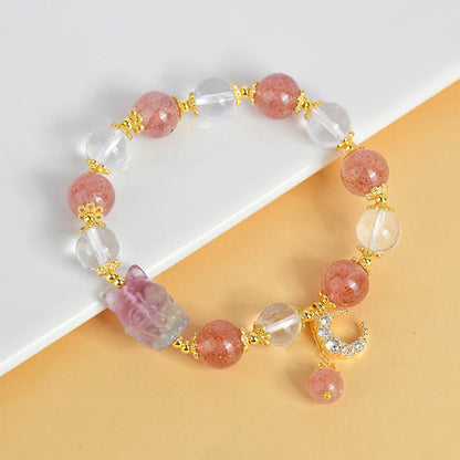 Pulsera con colgante de luna y zorro de nueve colas de Buda, cuarzo fresa blanco natural, curación con cristales