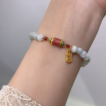Buddha Stones Tibetan Natural Jade Fu Character Prayer Wheel Prosperity Abundance Bracelet