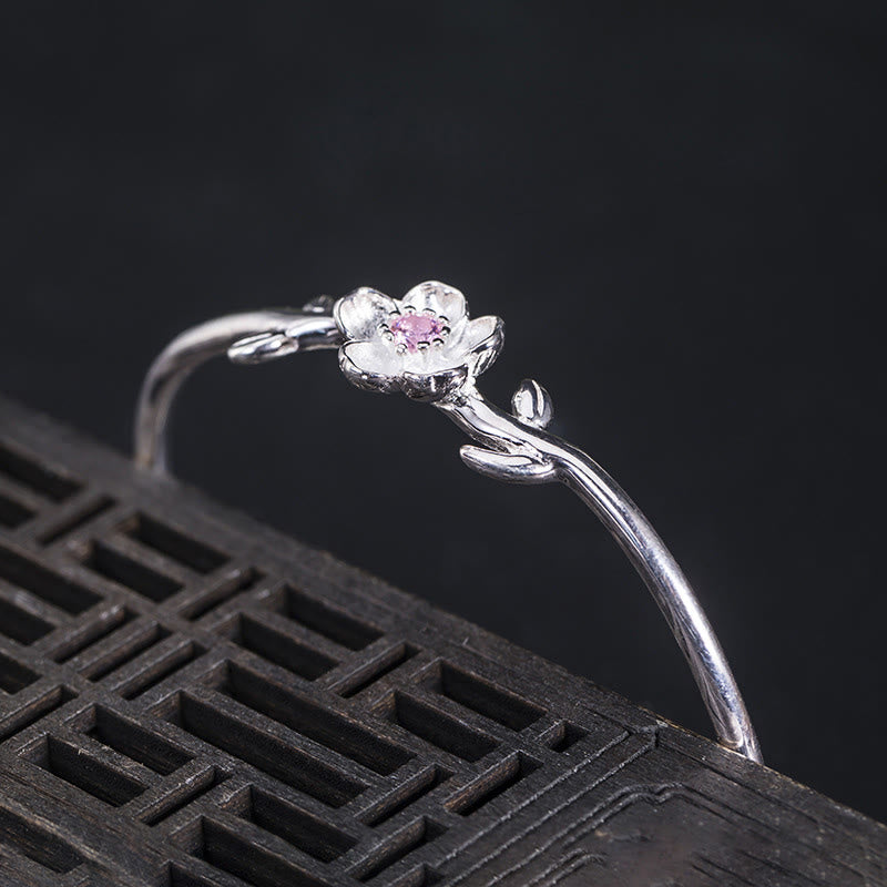 Pulsera de la suerte con piedras de Buda en plata de ley 925 y flor de cerezo