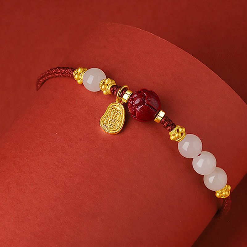 Pulsera de hilo rojo de la suerte con jade cinabrio y carácter Fu de Buda, chapada en oro de 24 quilates