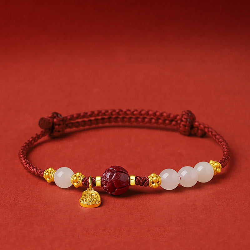 Pulsera de hilo rojo de la suerte con jade cinabrio y carácter Fu de Buda, chapada en oro de 24 quilates