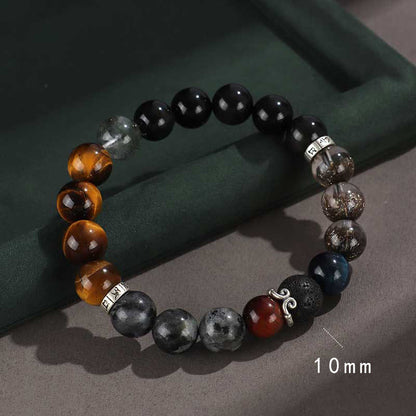 Pulsera de protección de riqueza con seis palabras auténticas de Buda, piedra de lava, obsidiana, ojo de tigre y ónix negro, brillo dorado, plata de ley 925