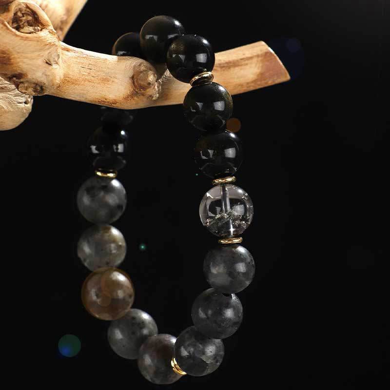 Pulsera de protección de riqueza con seis palabras auténticas de Buda, piedra de lava, obsidiana, ojo de tigre y ónix negro, brillo dorado, plata de ley 925