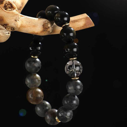 Pulsera de protección de riqueza con seis palabras auténticas de Buda, piedra de lava, obsidiana, ojo de tigre y ónix negro, brillo dorado, plata de ley 925