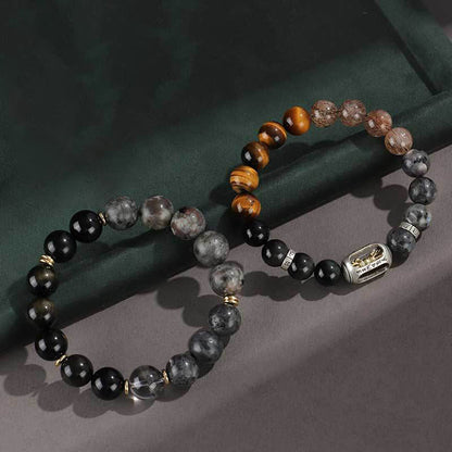 Pulsera de protección de riqueza con seis palabras auténticas de Buda, piedra de lava, obsidiana, ojo de tigre y ónix negro, brillo dorado, plata de ley 925