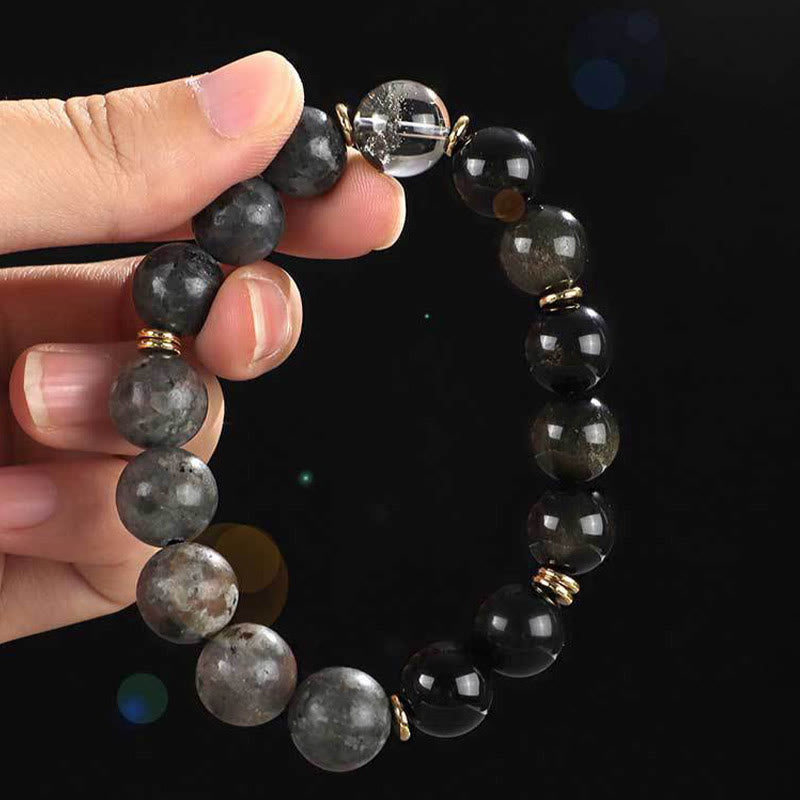Pulsera de protección de riqueza con seis palabras auténticas de Buda, piedra de lava, obsidiana, ojo de tigre y ónix negro, brillo dorado, plata de ley 925