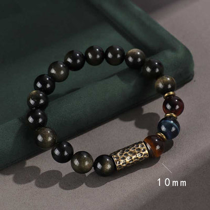 Pulsera de protección de riqueza con seis palabras auténticas de Buda, piedra de lava, obsidiana, ojo de tigre y ónix negro, brillo dorado, plata de ley 925