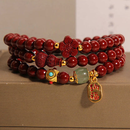 Pulsera de bendición de triple vuelta con calabaza, flor y personaje fu de cinabrio y piedras de Buda