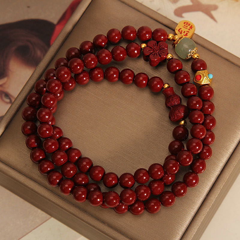 Pulsera de bendición de triple vuelta con calabaza, flor y personaje fu de cinabrio y piedras de Buda